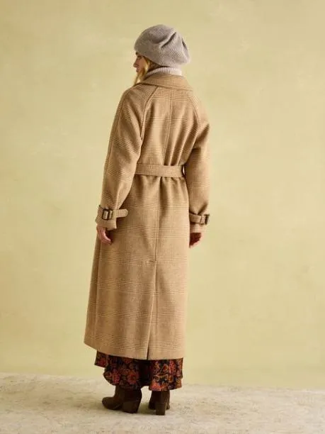 Coats and Jackets Women Joules Tan Brown Longline Wool Blend Coat With Belt