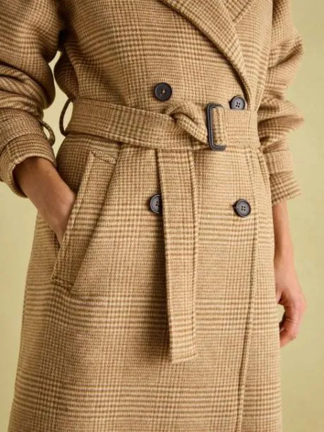 Coats and Jackets Women Joules Tan Brown Longline Wool Blend Coat With Belt