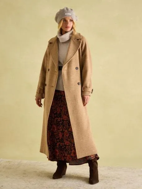 Coats and Jackets Women Joules Tan Brown Longline Wool Blend Coat With Belt
