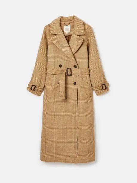 Coats and Jackets Women Joules Tan Brown Longline Wool Blend Coat With Belt