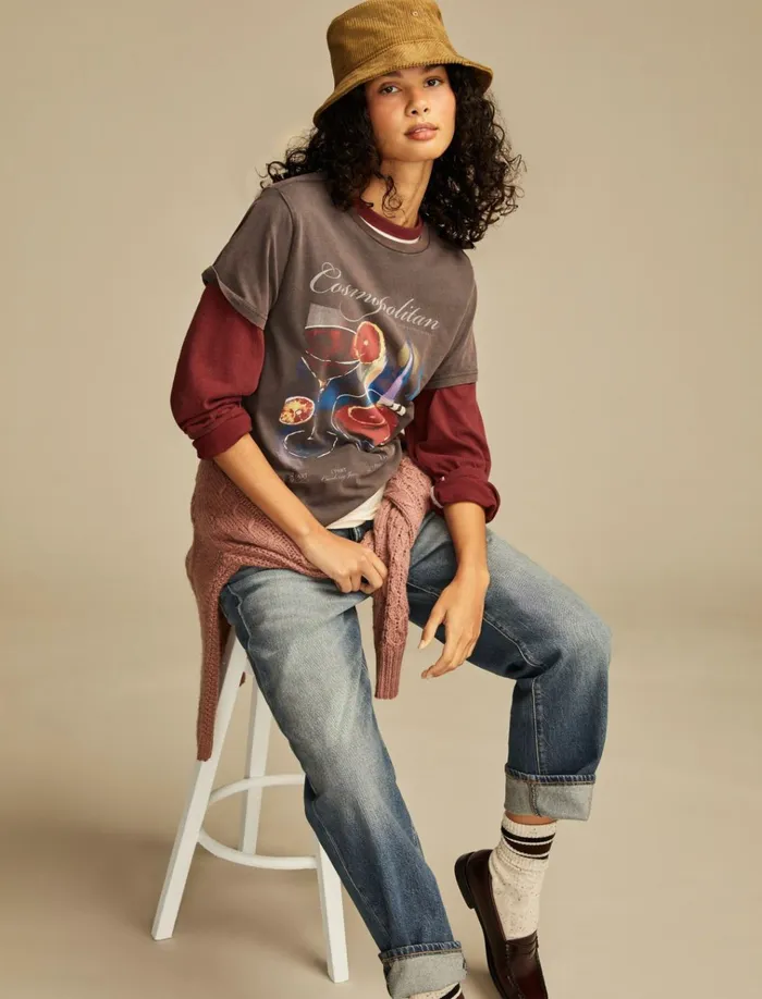 Cosmopolitain Boyfriend Tee Jet Black Women Lucky Brand Graphic Tees