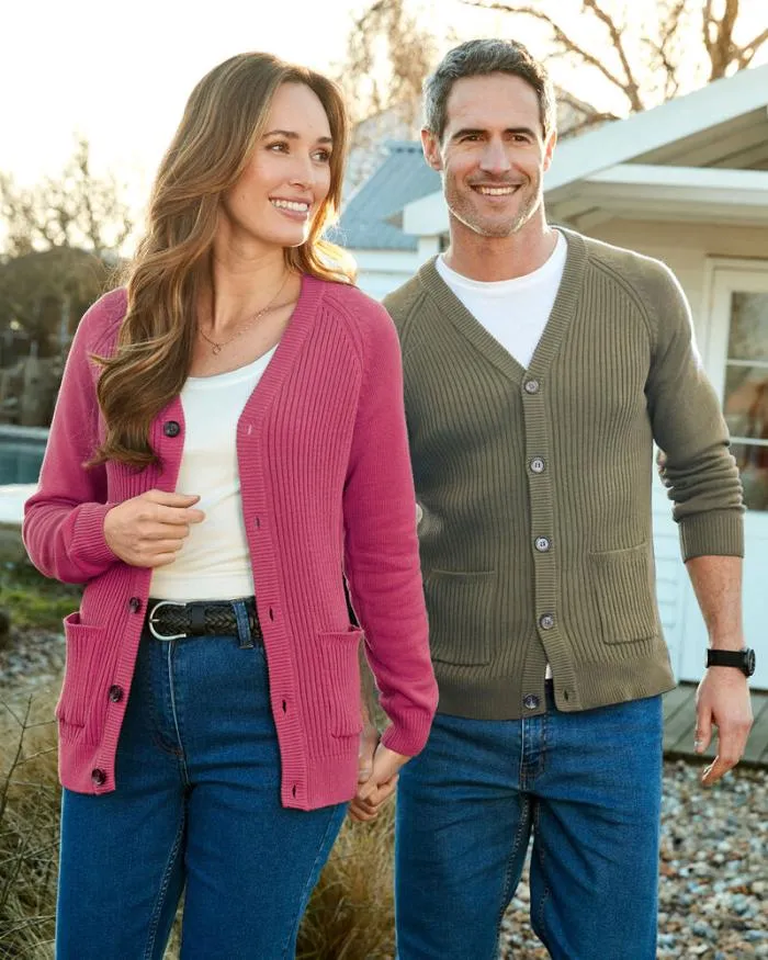 Cotton Traders Knitwear Cotton Rib Front ButtonThrough Cardigan 8211 WomenMenUnisex