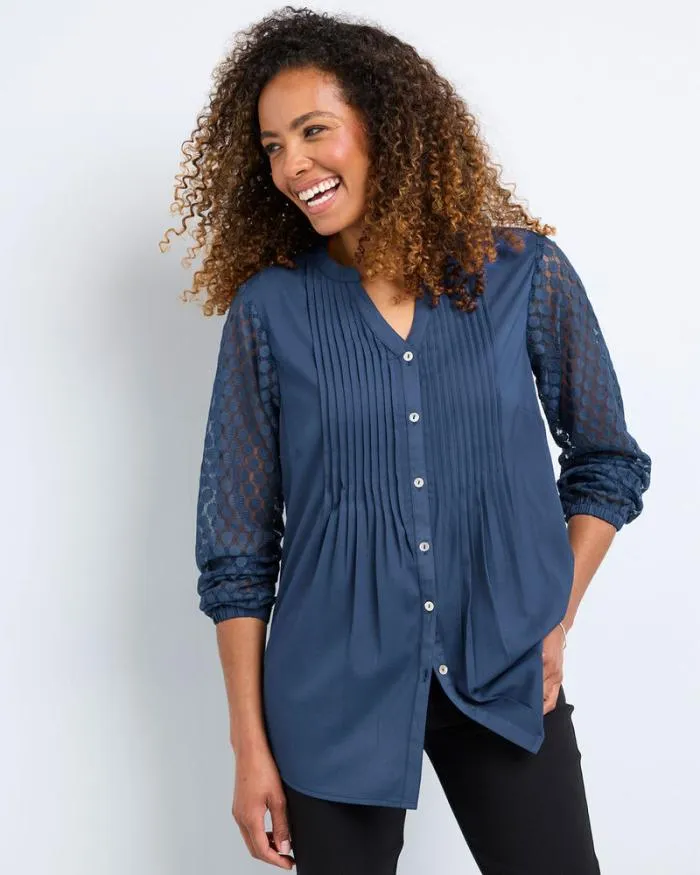 Cotton Traders Shirts and Blouses Pintuck Lace Sleeve Blouse 8211 Women