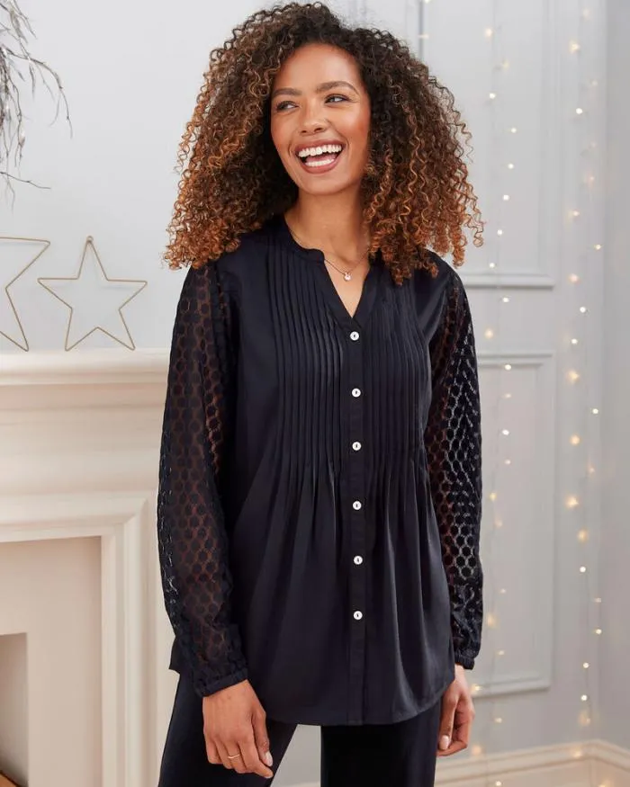 Cotton Traders Shirts and Blouses Pintuck Lace Sleeve Blouse 8211 Women