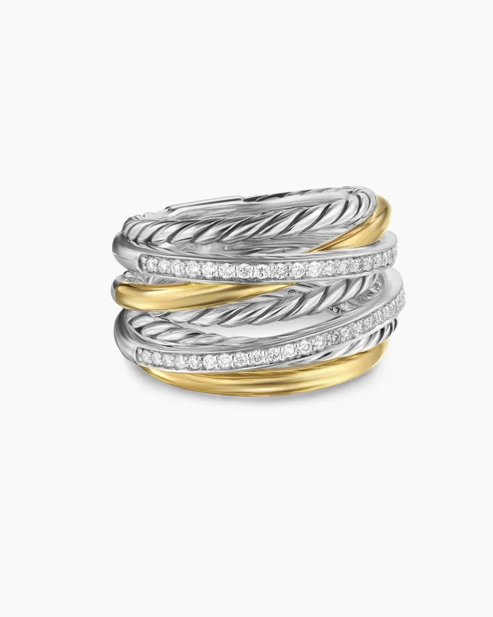 Crossover Seven Row Ring In Sterling Silver With 18K Yellow Gold And Diamonds 16mm Women David Yurman Statement
