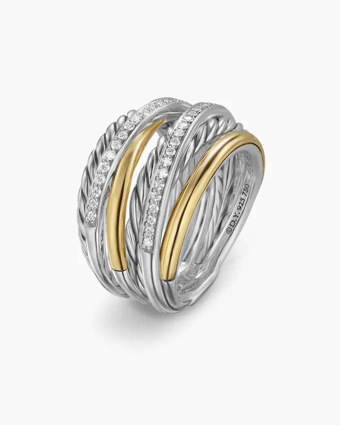Crossover Seven Row Ring In Sterling Silver With 18K Yellow Gold And Diamonds 16mm Women David Yurman Statement Crossover Seven Row Ring In Sterling Silver With 18K Yellow Gold And Diamonds 16mm Women David Yurman Statement