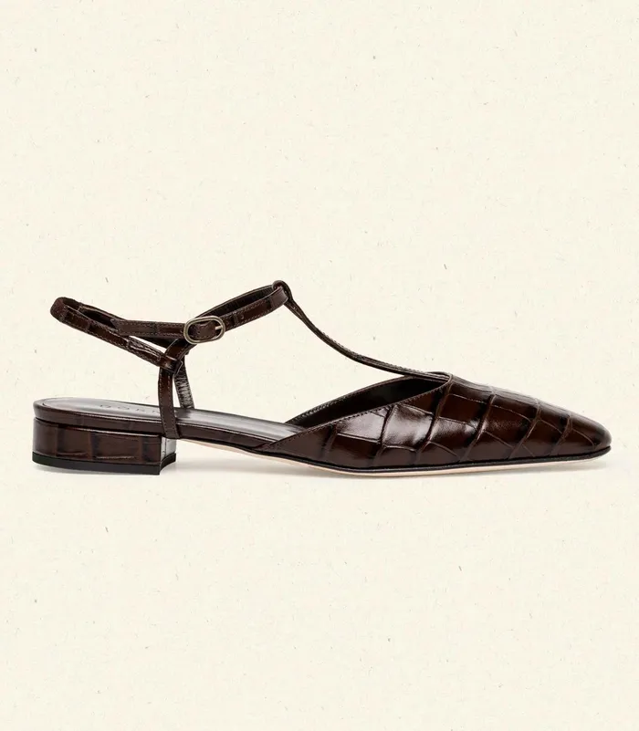 DEN Shoes Women Cristina TStrap Flat Brown Faux Croc