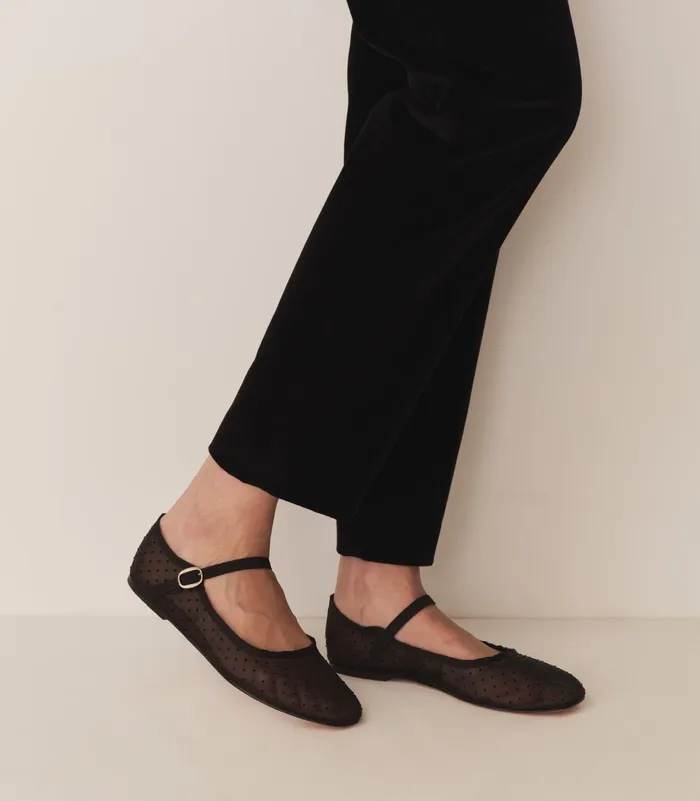 DEN Shoes Women Mary Jane Slipper Black Mesh Dot