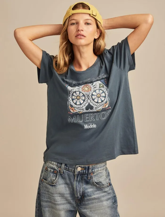 Dia De Los Muertos Classic Crew Midnight Navy Women Lucky Brand Graphic Tees