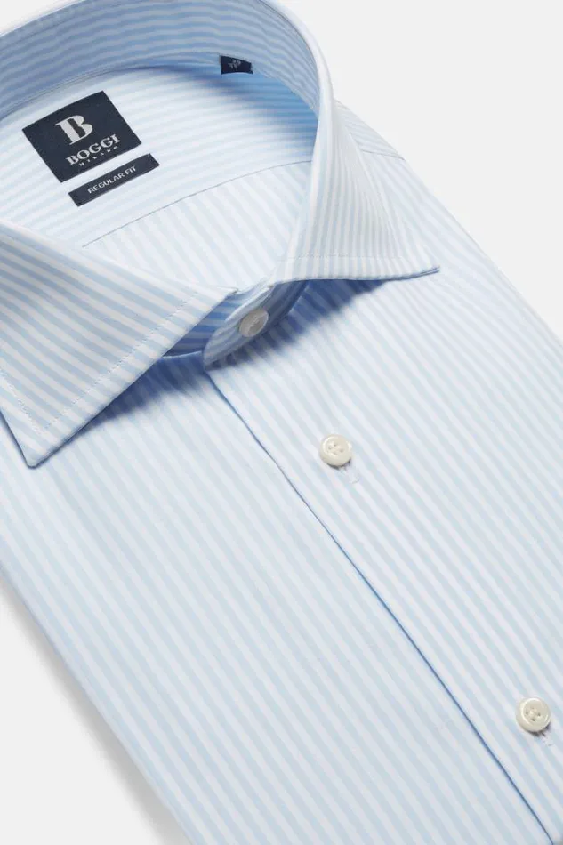 Dress Shirts Men Boggi Milano Regular Fit Sky Blue Striped Cotton Shirt Light Blu