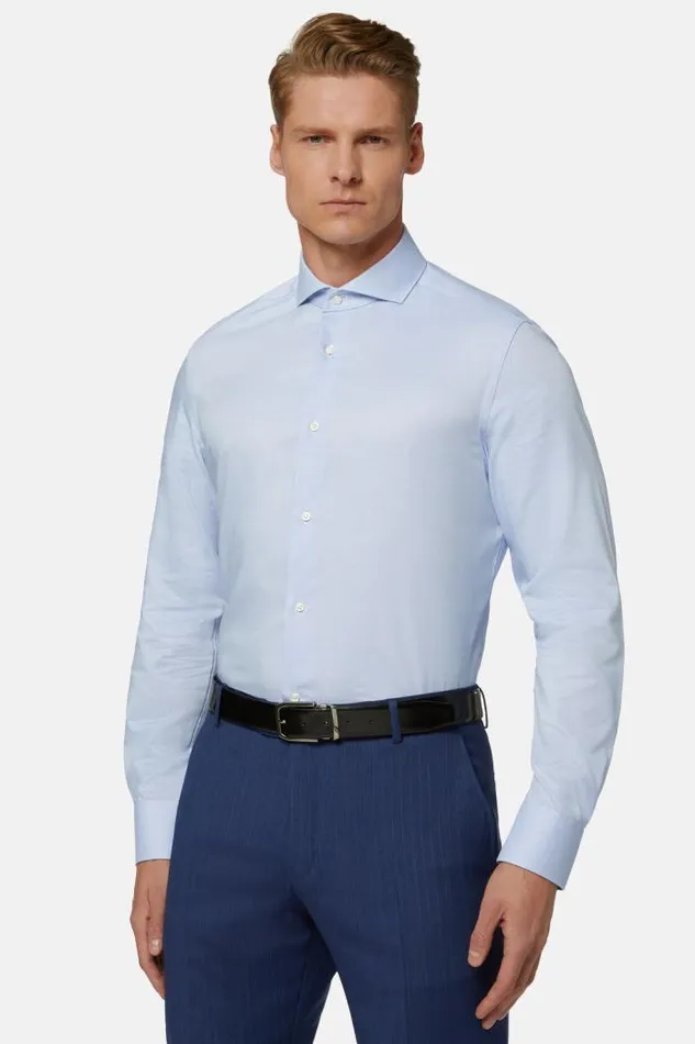 Dress Shirts Men Boggi Milano Slim Fit Sky Blue Dobby Cotton Shirt Light Blu