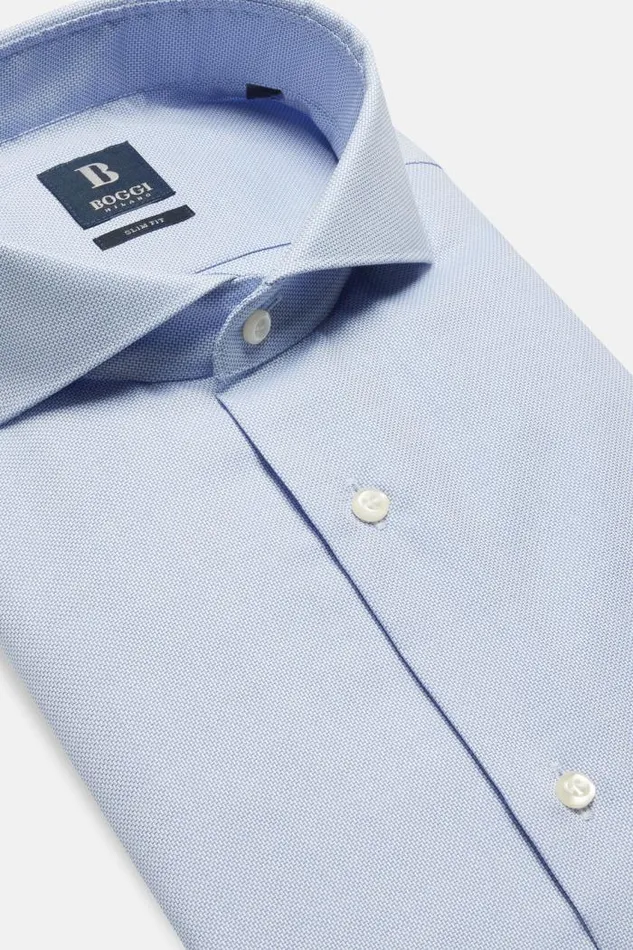 Dress Shirts Men Boggi Milano Slim Fit Sky Blue Dobby Cotton Shirt Light Blu