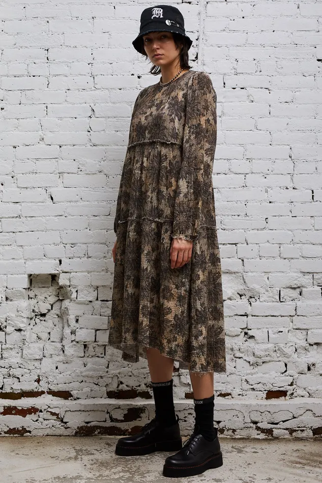Dresses R13 Women Long Sleeve Shredded Relaxed Midi 8211 Grey Lace