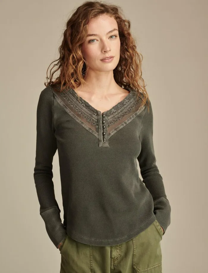 Embroidered Mesh Yoke Henley Meteorite Women Lucky Brand Knit Tops