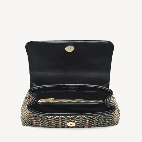 Evening Clutch Champagne Green and Black Woven Leather Women Aspinal Of London Woven Leather