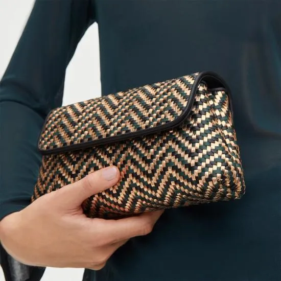 Evening Clutch Champagne Green and Black Woven Leather Women Aspinal Of London Woven Leather