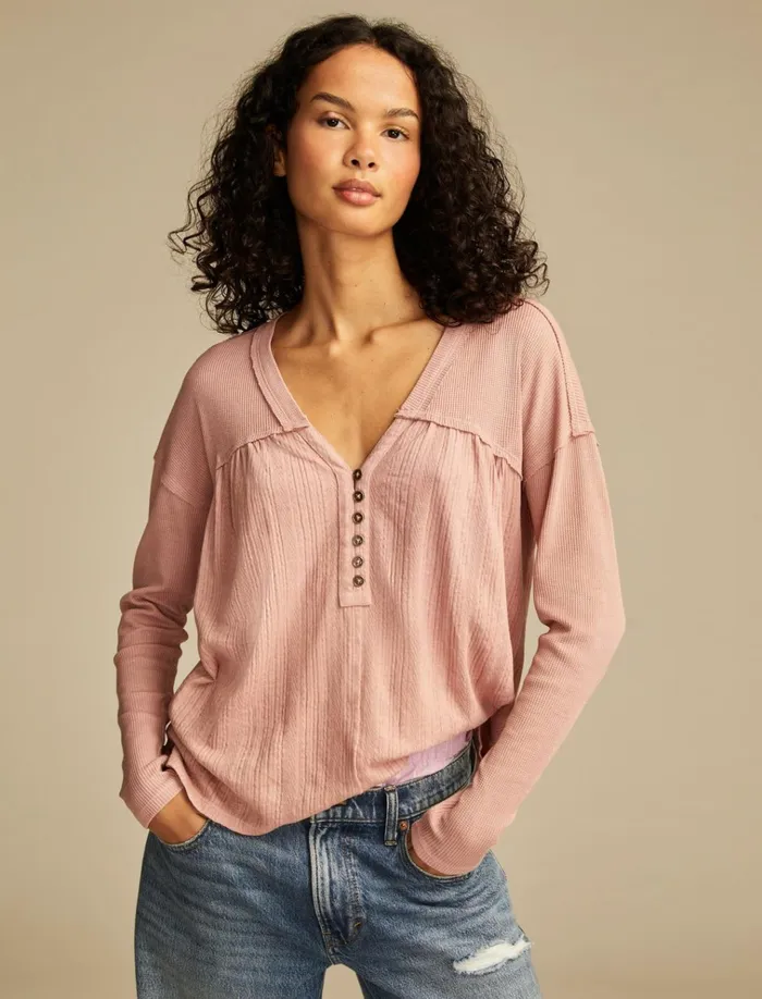Fabric Mix Long Sleeve Tunic Ash Rose Women Lucky Brand Blouses