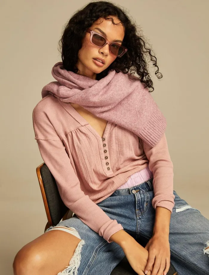 Fabric Mix Long Sleeve Tunic Ash Rose Women Lucky Brand Blouses