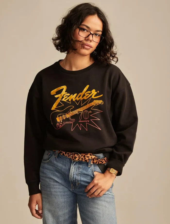 Fender 70th Anniversary Crew Fleece Jet Black Women Lucky Brand Graphic Tees