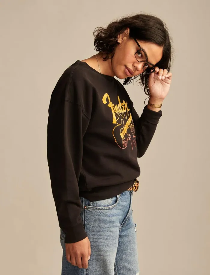 Fender 70th Anniversary Crew Fleece Jet Black Women Lucky Brand Graphic Tees