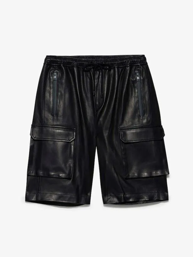 Frame Cargo Leather Short In Noir Noir Men Pants and Shorts