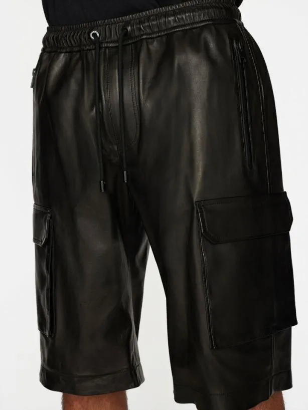 Frame Cargo Leather Short In Noir Noir Men Pants and Shorts