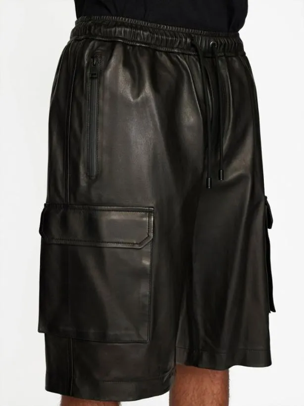 Frame Cargo Leather Short In Noir Noir Men Pants and Shorts