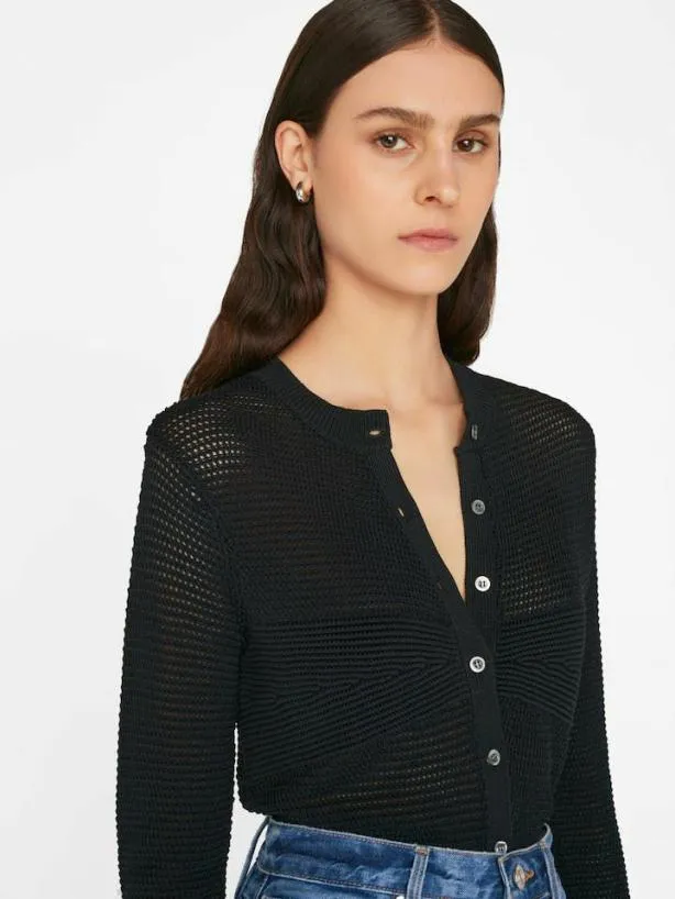 Frame Mixed Stitch Shrunken Cardi In Noir Noir Women Sweaters Frame Mixed Stitch Shrunken Cardi In Noir Noir Women Sweaters