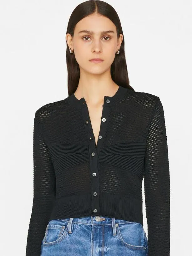 Frame Mixed Stitch Shrunken Cardi In Noir Noir Women Sweaters Frame Mixed Stitch Shrunken Cardi In Noir Noir Women Sweaters