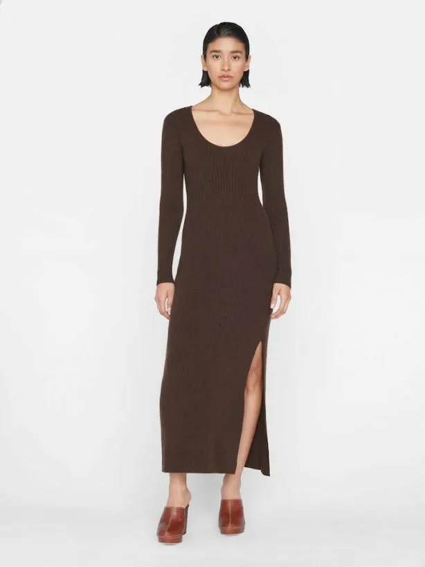 Frame Ribbed Cashmere UNeck Dress In Espresso Espresso Women Dresses and Jumpsuits
