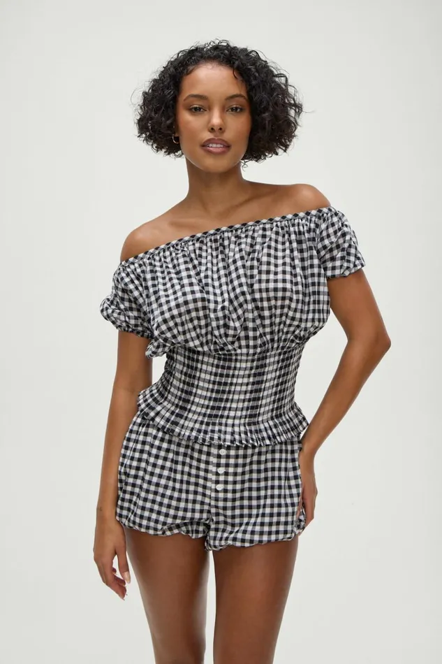 Frankies Bikinis Cider Blouse Black Gingham Women Matching Sets