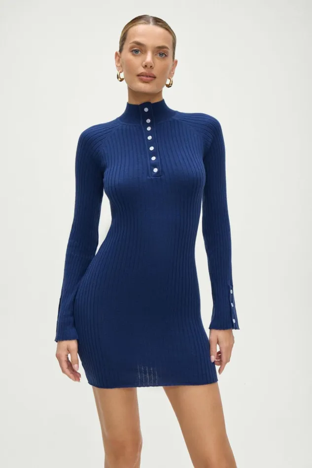 Frankies Bikinis Isla Long Sleeve Mini Dress Midnight Blue Women Dresses