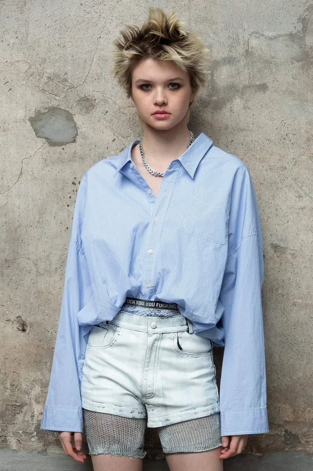 Gathered Hem Shirt 8211 Light Blue Pinstripe Women Tops R13