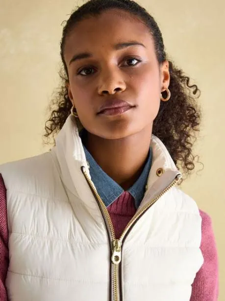 Gilets Women Joules White Padded Showerproof Gilet With Detachable Faux Fur Collar