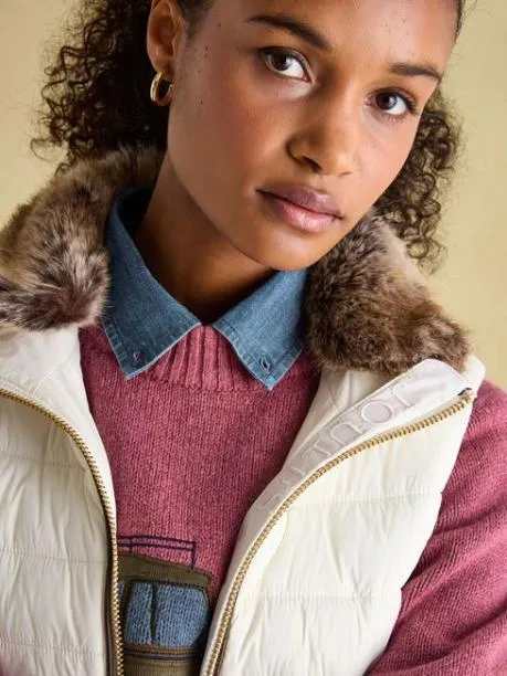 Gilets Women Joules White Padded Showerproof Gilet With Detachable Faux Fur Collar