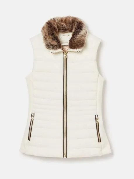 Gilets Women Joules White Padded Showerproof Gilet With Detachable Faux Fur Collar