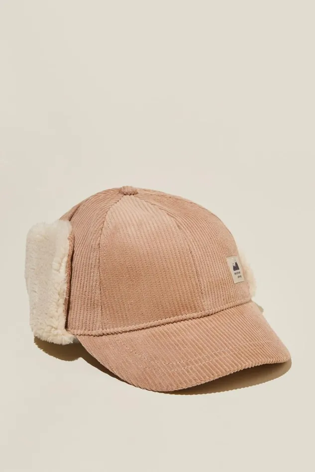 GirlsBoys Hats and Beanies Cotton On Tommy Trapper Cap Taupy Brown Cord