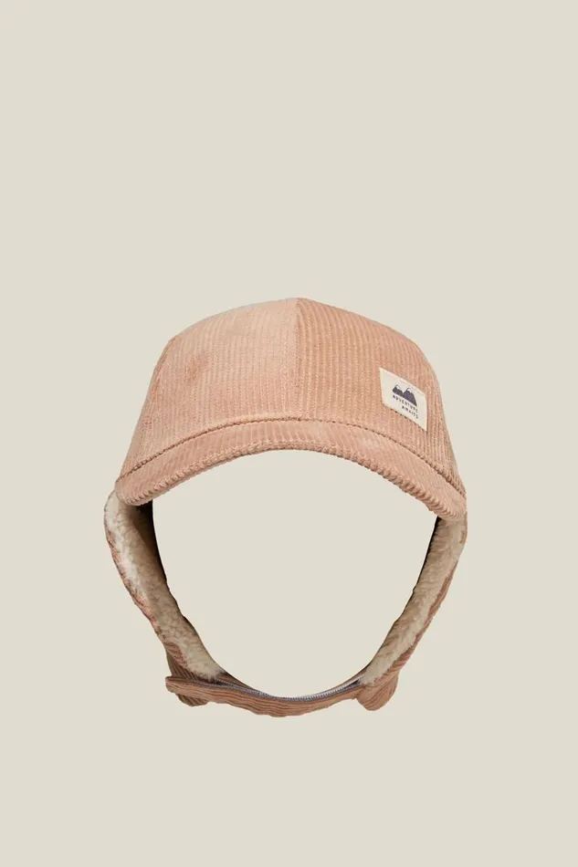 GirlsBoys Hats and Beanies Cotton On Tommy Trapper Cap Taupy Brown Cord