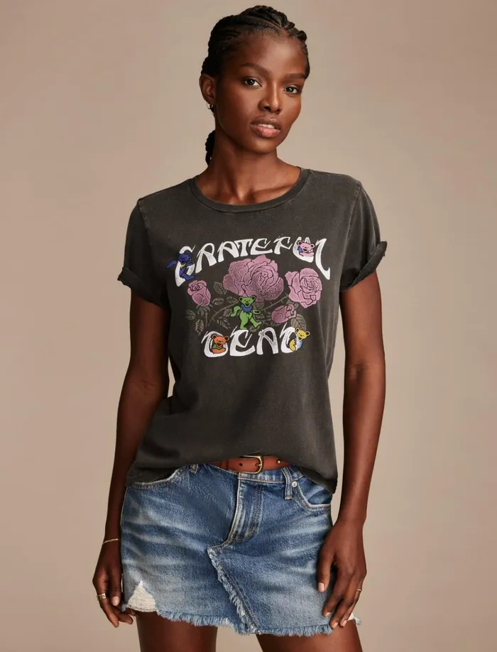 Grateful Dead Rose Bears Classic Crew Jet Black Women Lucky Brand Graphic Tees