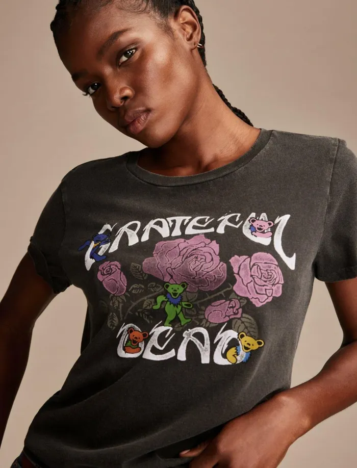 Grateful Dead Rose Bears Classic Crew Jet Black Women Lucky Brand Graphic Tees