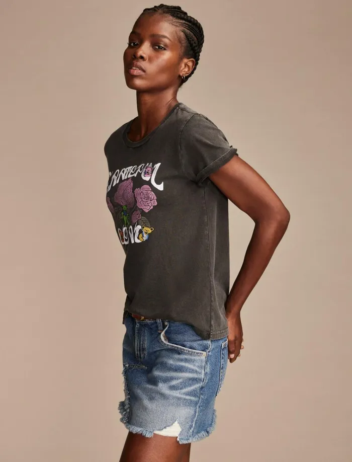 Grateful Dead Rose Bears Classic Crew Jet Black Women Lucky Brand Graphic Tees