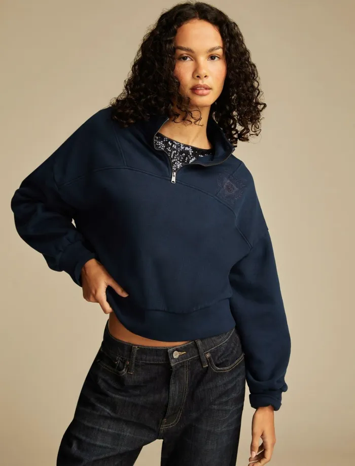 Half Zip Lucky Fleece Black Iris Women Lucky Brand Sweaters and Sweatshirts