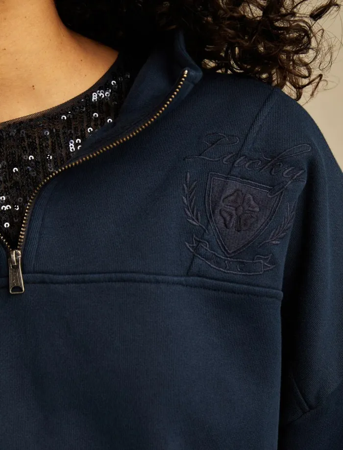 Half Zip Lucky Fleece Black Iris Women Lucky Brand Sweaters and Sweatshirts