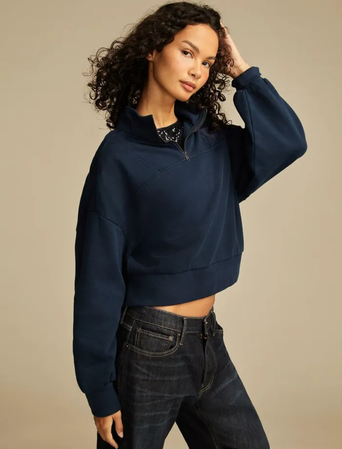 Half Zip Lucky Fleece Black Iris Women Lucky Brand Sweaters and Sweatshirts