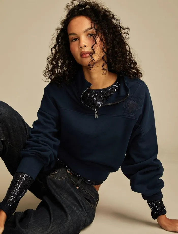 Half Zip Lucky Fleece Black Iris Women Lucky Brand Sweaters and Sweatshirts