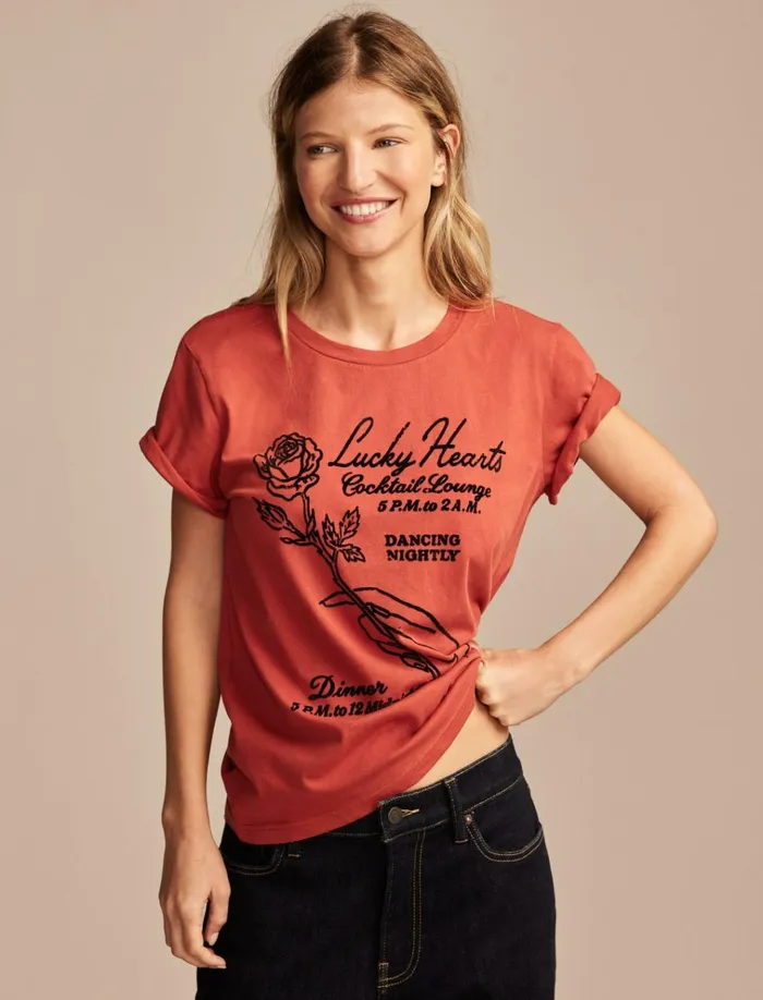 Heartbreaker Cocktail Lounge Classic Crew Pomperian Red Women Lucky Brand Graphic Tees