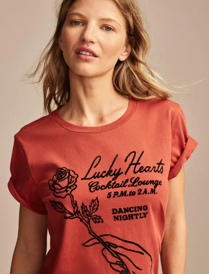Heartbreaker Cocktail Lounge Classic Crew Pomperian Red Women Lucky Brand Graphic Tees