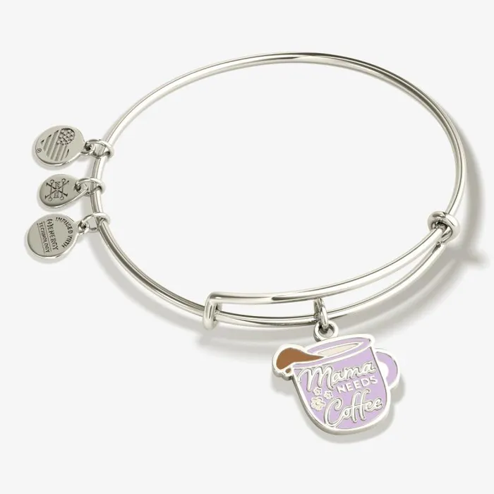 Iconic Women Alex And Ani Mama Needs Coffee039 Charm Bangle Bracelet Shiny Silver