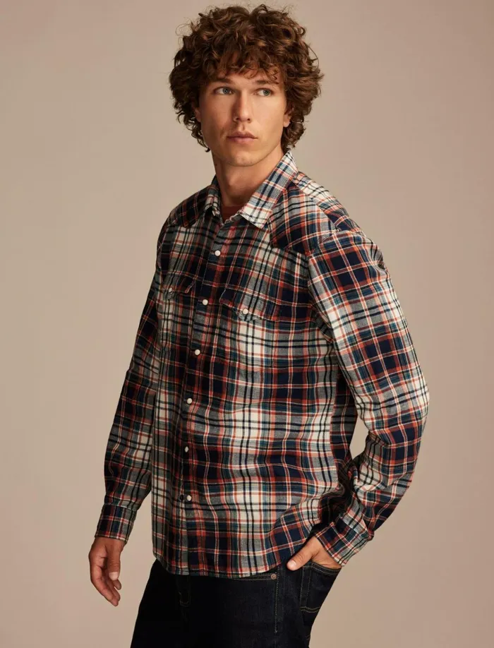 Indigo Plaid Western Long Sleeve Shirt Indigo Red Plaid Men Lucky Brand ButtonDowns