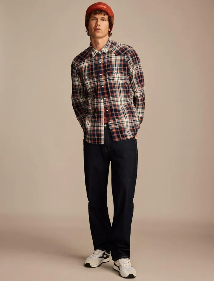 Indigo Plaid Western Long Sleeve Shirt Indigo Red Plaid Men Lucky Brand ButtonDowns